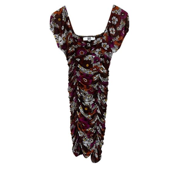 Madden NYC Bodycon Dress Womens XS Ruched Floral Brown Cut Out 70s Retro Boho - Picture 1 of 6